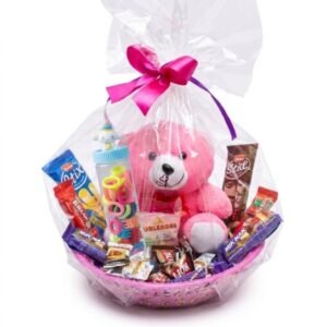 Pink Teddy Plush & Character Hair Tube Chocolate Gift Basket