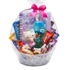 Hello Kitty Figurine & Water Bottle, Notebook Snack Gift Basket