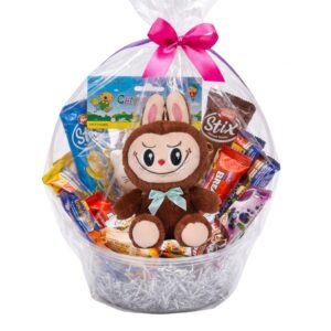 Cute Brown Plush Bunny & Snacks Gift Basket