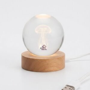 3D Laser-Engraved Jellyfish Crystal Ball Night Light with Wooden Base and USB Cable (Medium)